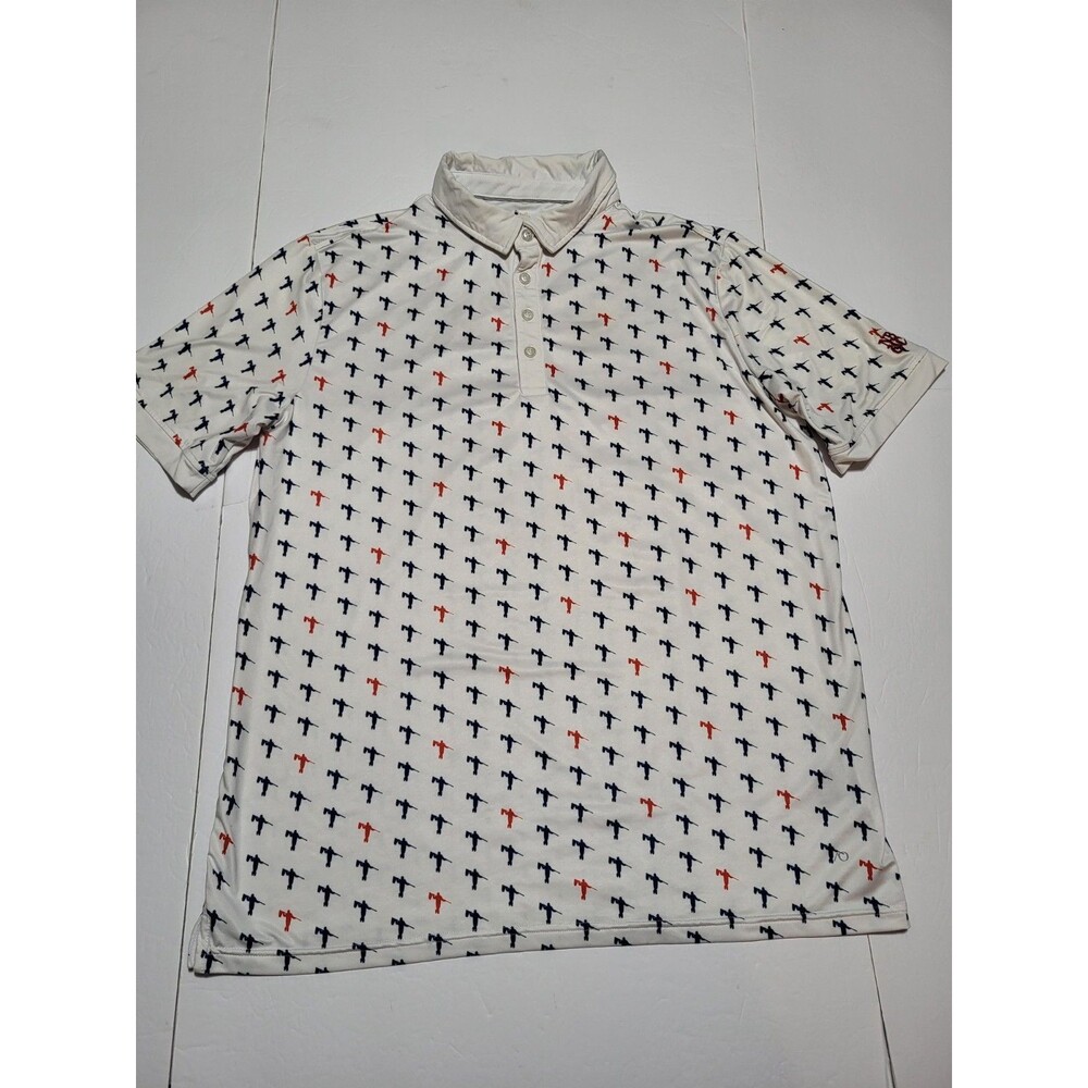 (#L3)Anderson Ord Polo Golf Short  L White Blue Red Allover Print Course Logo
